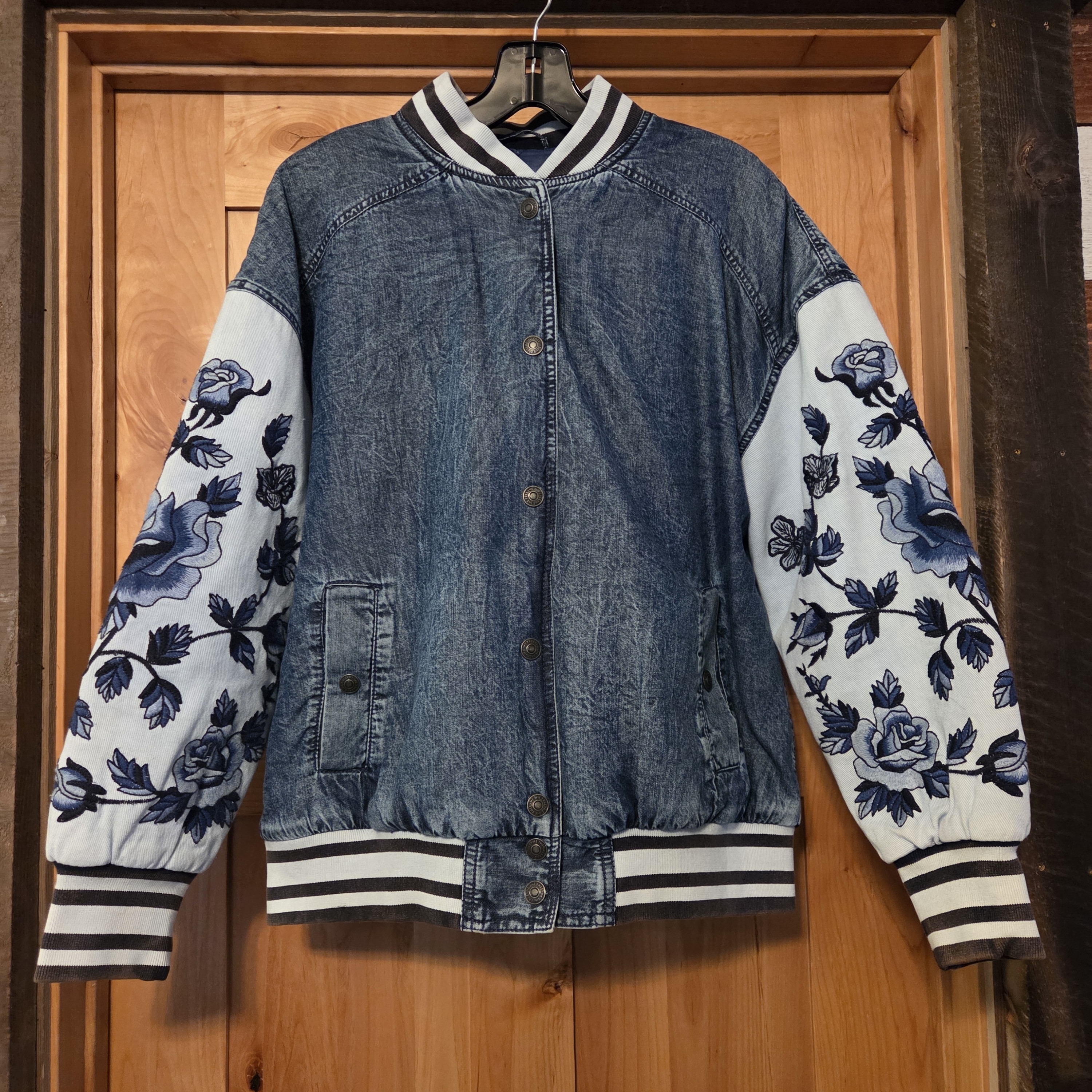 Free People Blue Floral Embroidered Varsity Jacket